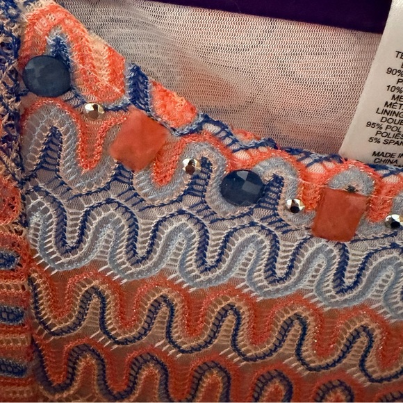Alfred Dunner Blue and Orange Knit Patterned Blouse with gems - Picture 2 of 4